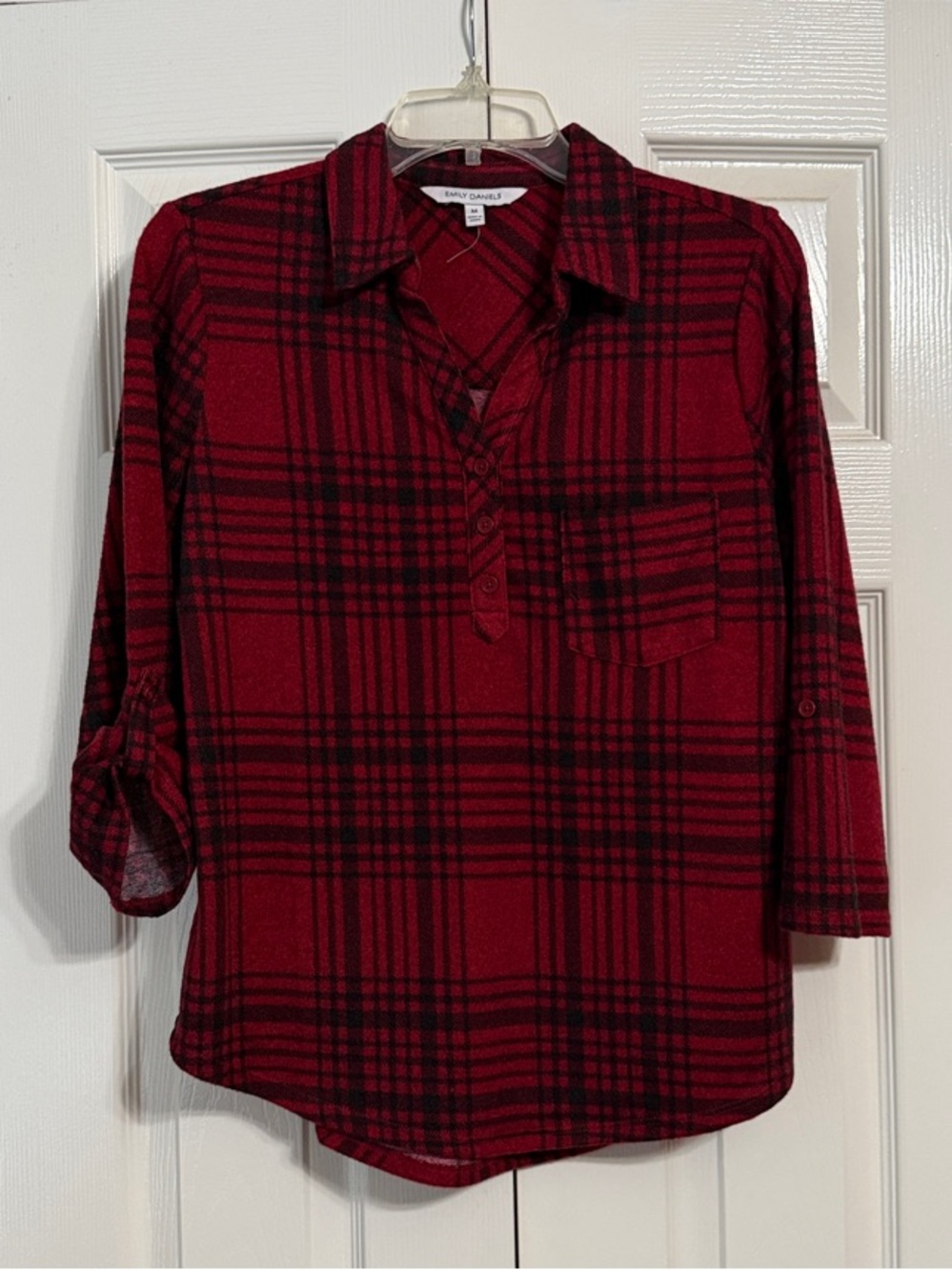 Emily Daniels Cozy Red Plaid Tunic Blouse Size Medium